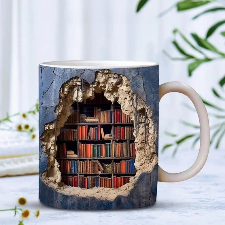 3D Bücherregal Tasse – Vintage Keramik für Bücherfreunde