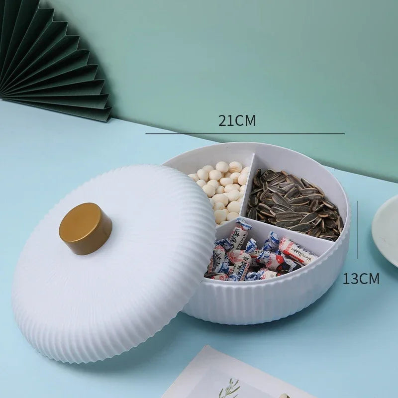 Servierschale mit Deckel – 4 Fächer – Aufbewahrungsbox für Snacks, Trockenfrüchte & Süßigkeiten – 21 x 13 cm