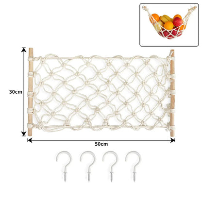 Hängende Obst-Hängematte – Platzsparende Küchenaufbewahrung, Boho Geflochtenes Design, Inklusive Haken (Gerade Enden / Abgerundete Enden)