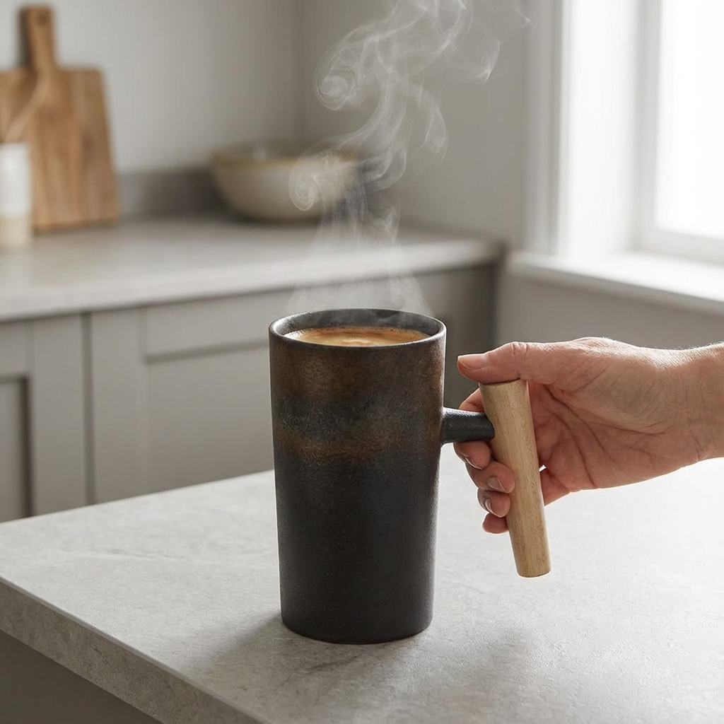 Kaffeebecher aus Steinzeug mit Holzgriff