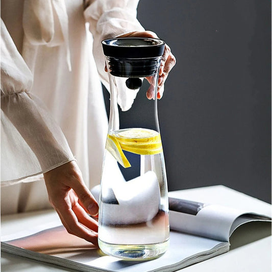Glas Wasserflasche 1,2L – Hitzebeständig Borosilikatglas – Edelstahl Deckel