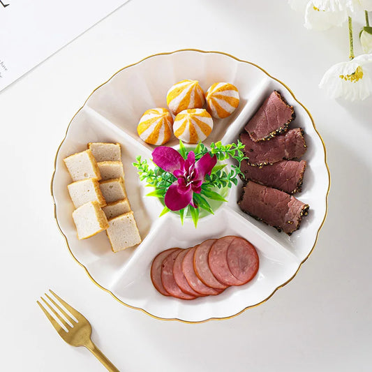 Keramische Servierplatte mit 5 Fächern – Geteilte Snackplatte für Trockenfrüchte & Beilagen – 25 cm