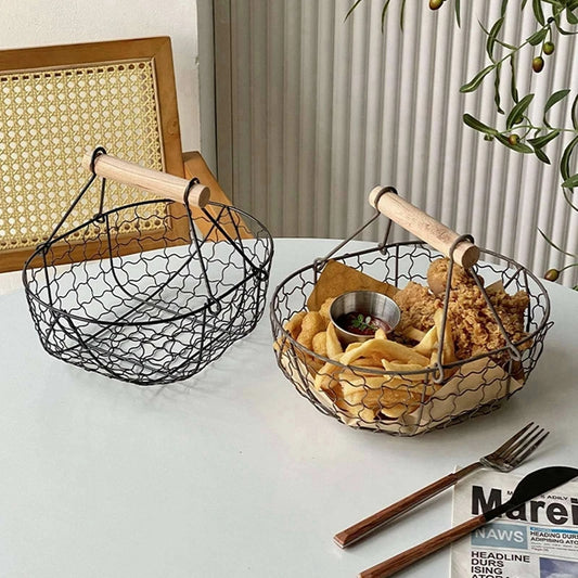 Metallkorb mit Holzgriff – Dekorative Servier- und Aufbewahrungskorb für Brot, Obst, Eier – Vielseitiger Organizer für Küche, Picknick und mehr
