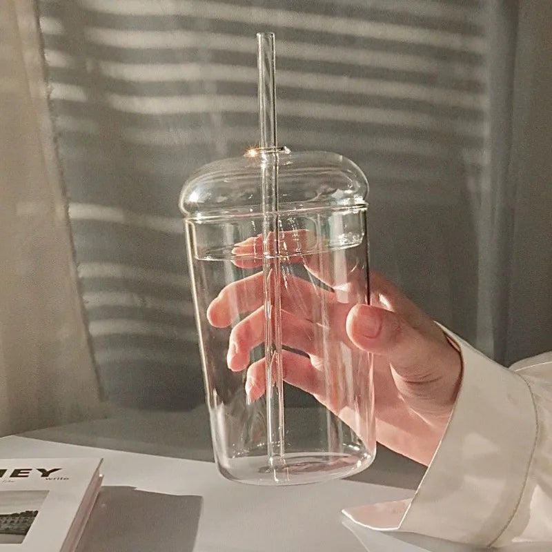Glasbecher mit Deckel und Strohhalm – 450 ml, hitzebeständig, ideal für Saft, Wasser und Eiskaffee