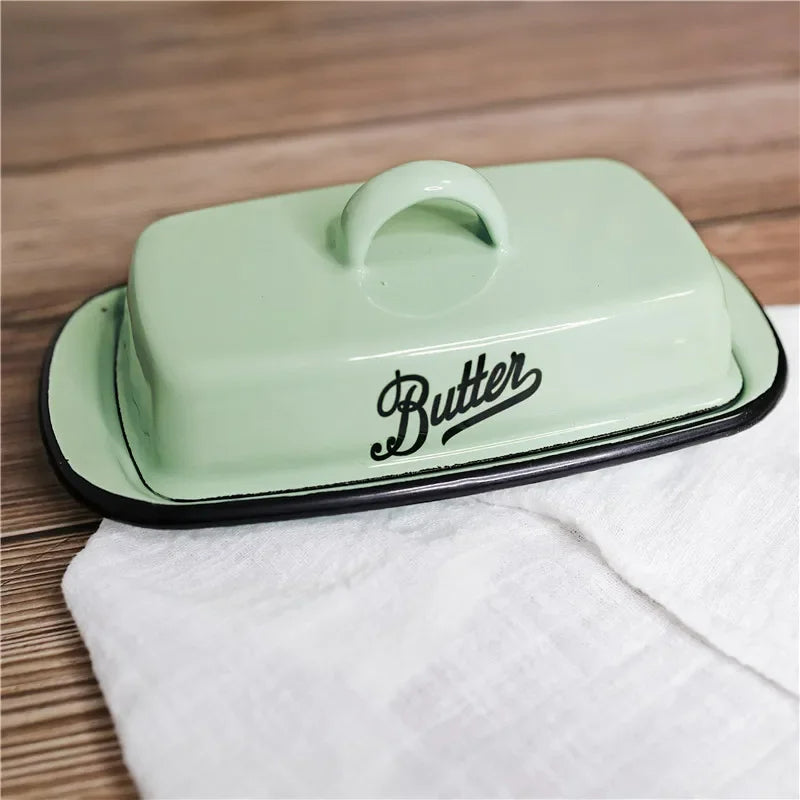 Retro Emaille Snackbox mit Deckel – Weiß/Grün – Butter- und Käsebox für Küche und Zuhause