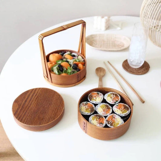Mehrschichtige Holz-Lunchbox rund 15 x 18,5 cm – Perfekt für Sushi und Snacks