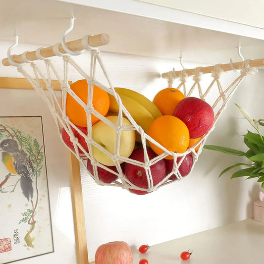 Hängende Obst-Hängematte – Platzsparende Küchenaufbewahrung, Boho Geflochtenes Design, Inklusive Haken (Gerade Enden / Abgerundete Enden)