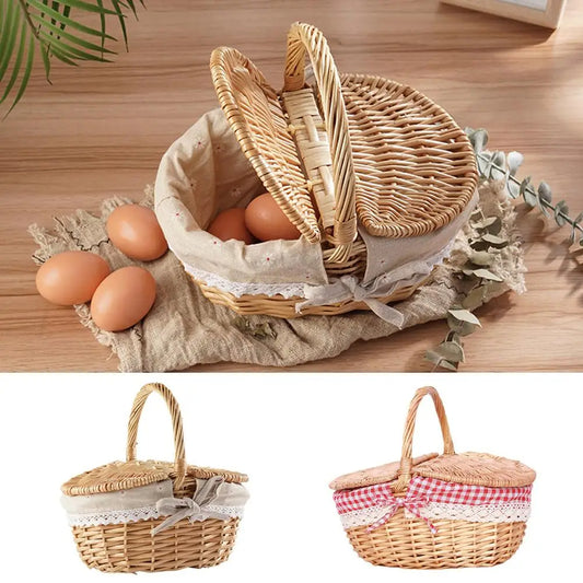 Handgemachte Rieten Picknickmand mit Deksel und Handvat, Wilg Geweven, Wasbare Voering, Opslagmand für Kamperen, 26x18x15cm, Weiß und Rot