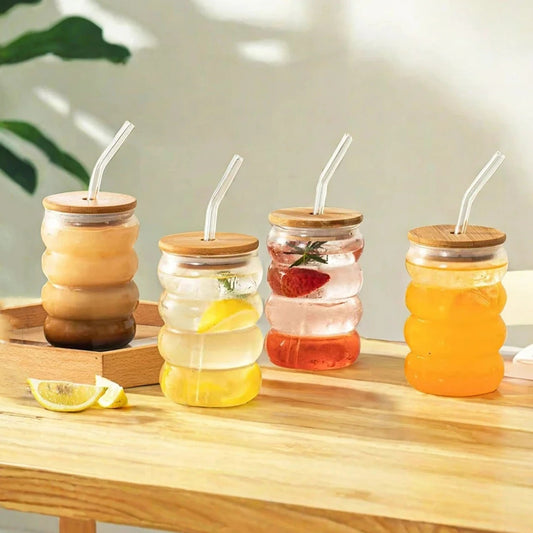 4 Stuks kreative Glasbecher mit Deckel und Strohhalm, hitzebeständig, für Bier, Saft, Eis, Kaffee, Cocktails – 350 ml