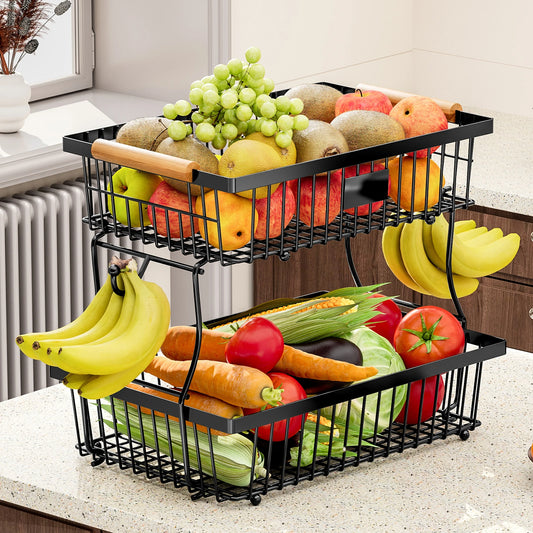 Stapelbarer Obst- und Gemüsekorb aus Metall mit Haken und Holzgriff, 41 x 29 x 24 cm