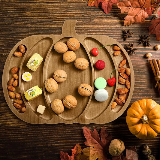 Halloween Serviertablett aus Bambusholz, Kürbisform, Snack- und Süßigkeitenschale für Halloween-Deko