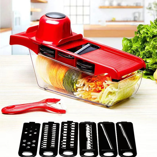 6-in-1 Gemüseschneider mit Schutzhandschuh und Peeler – Edelstahl & Kunststoff