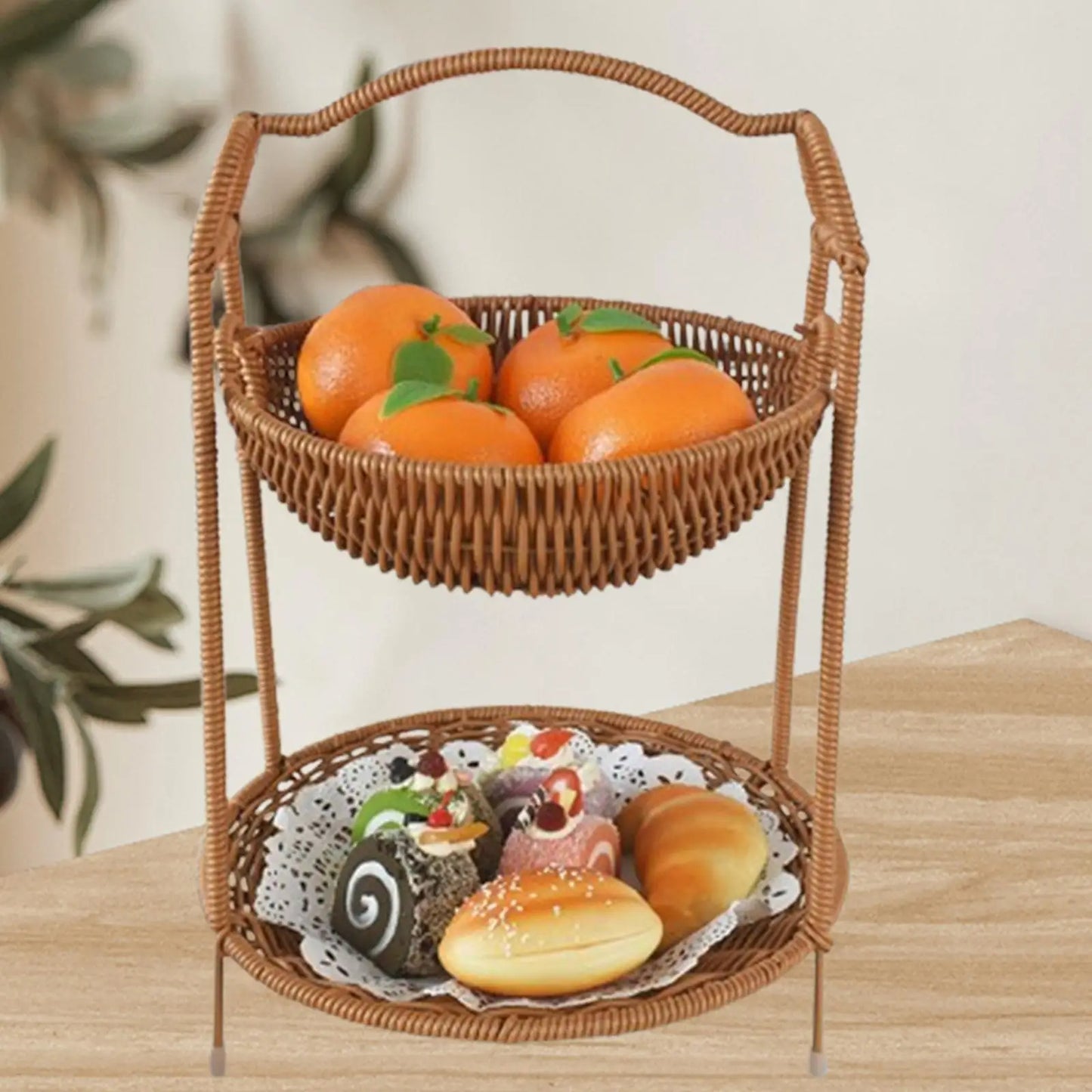 Zweistöckiger Obstkorb aus Imitat-Rattan – Küchenorganizer für Obst, Brot & Snacks
