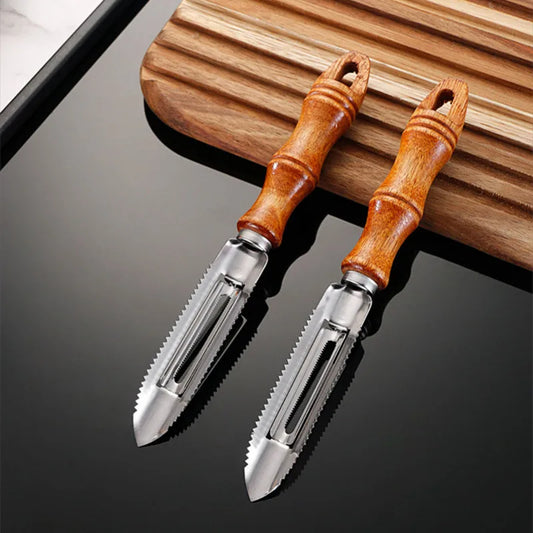 2er Set Edelstahl Dunschäler mit Holzgriff – Multifunktionale Schäl- und Reibe-Werkzeuge für Obst & Gemüse
