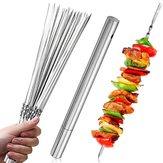 BBQ Grillspieße – Edelstahl, Flach & Wiederverwendbar – 10 Stück mit Aufbewahrungsröhre