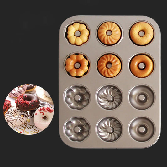 Antihaft Donut Backform aus Kohlenstoffstahl – 12er Herz- & Blumenform