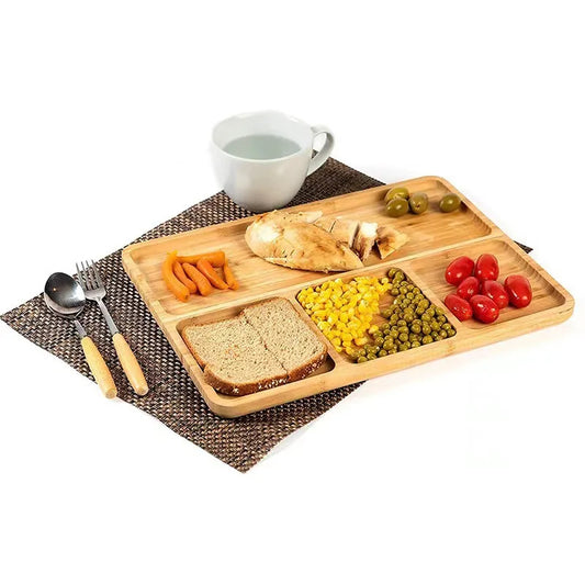 Bambus Serviertablett mit 4 Fächern – Praktische Snack- und Vorspeisenplatte 33 x 19,5 cm