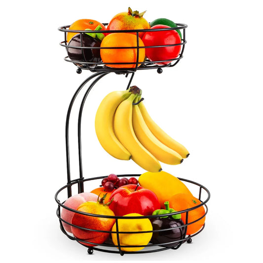 2-stöckiger Obstkorb mit Bananenhalter – Metall Obstschale & Brotaufbewahrung, Schwarz