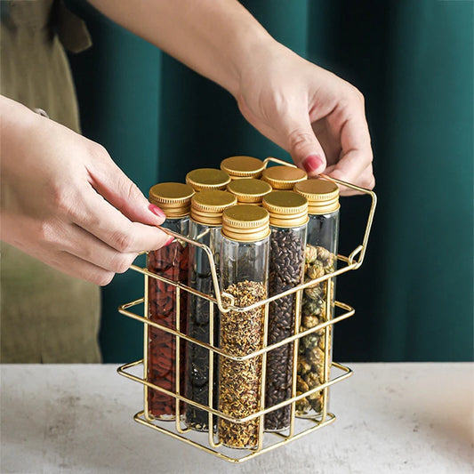 Aufbewahrungsbox mit 9 Glasflaschen und Aluminiumdeckeln – Tee- & Kaffee-Caddy mit Metallgestell