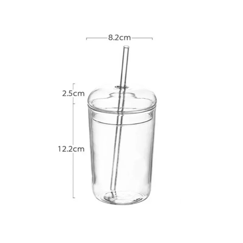 Glasbecher mit Deckel und Strohhalm – 450 ml, hitzebeständig, ideal für Saft, Wasser und Eiskaffee