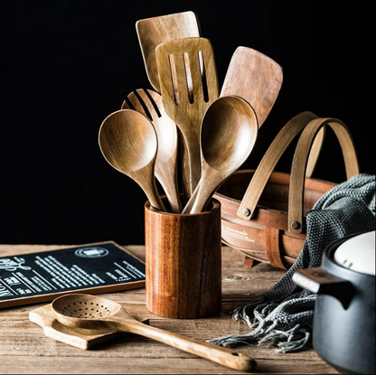 9-teiliges Küchenutensilien-Set aus Holz mit Halter und Löffelablage – Teakholz, hitzebeständig
