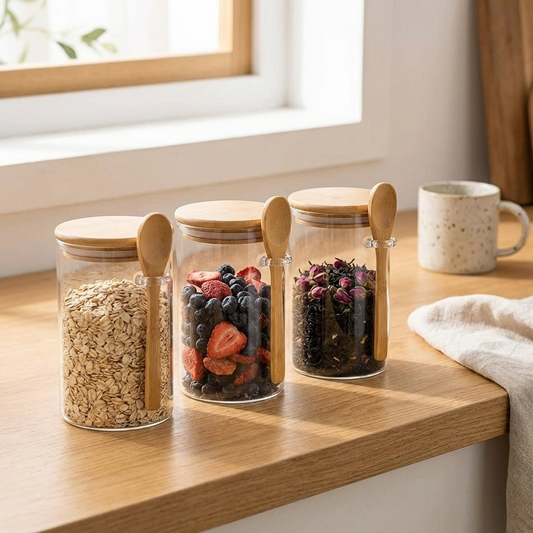 Vorratsglas mit Bambusdeckel und Löffel