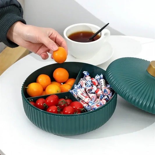 Servierschale mit Deckel – 4 Fächer – Aufbewahrungsbox für Snacks, Trockenfrüchte & Süßigkeiten – 21 x 13 cm