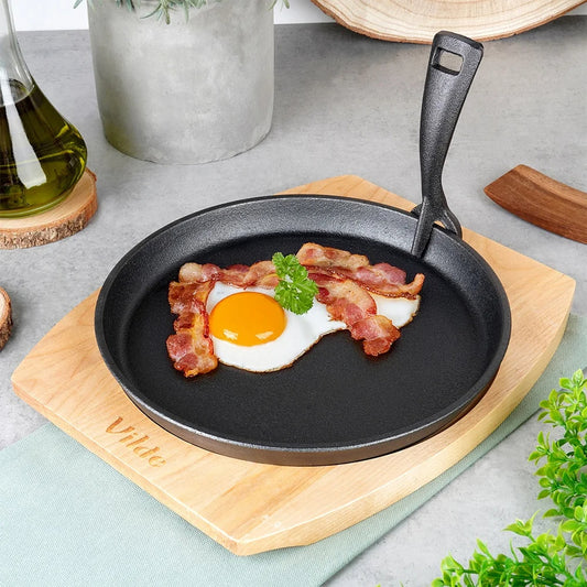 Gusseisen Servierpfanne mit Holzbrett – 22 cm, abnehmbarer Griff, für Herd & Ofen