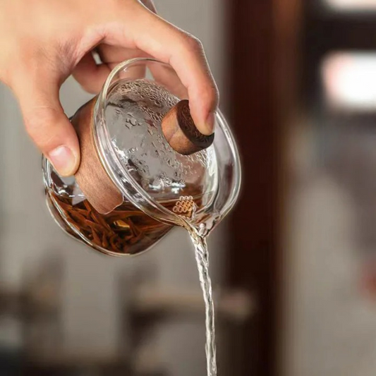Chinesische Gaiwan Tasse mit Holzisolierung, 200 ml Transparentes und Graues Teeset für unterwegs