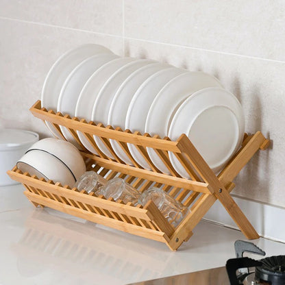 Bambus Geschirr Abtropfgestell, 2-stufiges, faltbares Schalen- und Tassenhalter für die Küche, natürliches Bamboe Design