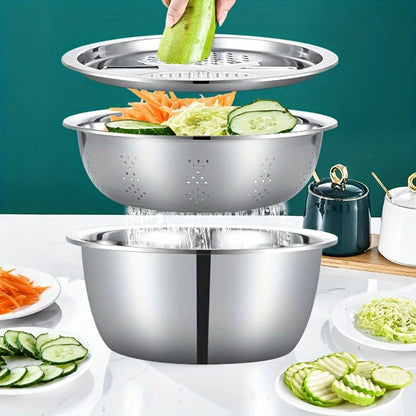 3-teiliges Edelstahl-Sieb & Schüssel-Set – Multifunktional für Obst & Gemüse