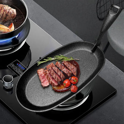 Gusseisen Sizzler Pfanne Oval 27 cm – Steakplatte, Fajita Pfanne, Grill- und Bratplatte für Herd und Grill