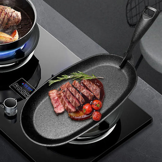 Gusseisen Sizzler Pfanne Oval 27 cm – Steakplatte, Fajita Pfanne, Grill- und Bratplatte für Herd und Grill