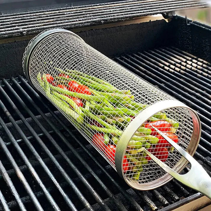 Tragbarer rollender Grillkorb aus Edelstahl – Kompakter BBQ-Korb für Camping und Garten, rostfrei, leicht zu reinigen
