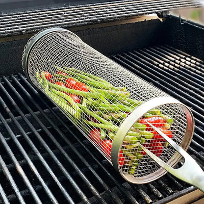 Tragbarer rollender Grillkorb aus Edelstahl – Kompakter BBQ-Korb für Camping und Garten, rostfrei, leicht zu reinigen