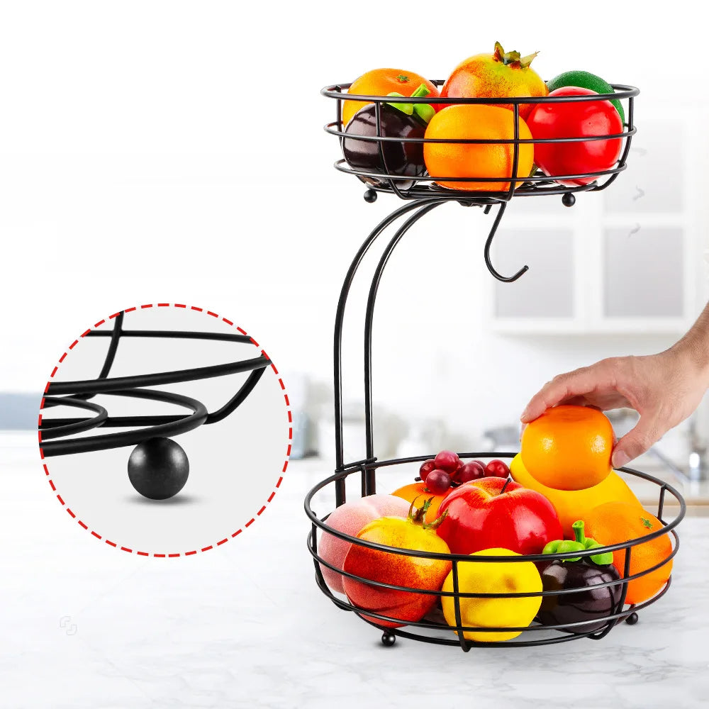 2-stöckiger Obstkorb mit Bananenhalter – Metall Obstschale & Brotaufbewahrung, Schwarz