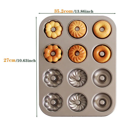 Antihaft Donut Backform aus Kohlenstoffstahl – 12er Herz- & Blumenform