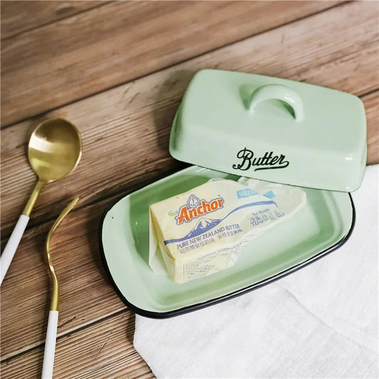 Retro Emaille Snackbox mit Deckel – Weiß/Grün – Butter- und Käsebox für Küche und Zuhause