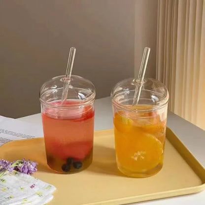 Glasbecher mit Deckel und Strohhalm – 450 ml, hitzebeständig, ideal für Saft, Wasser und Eiskaffee