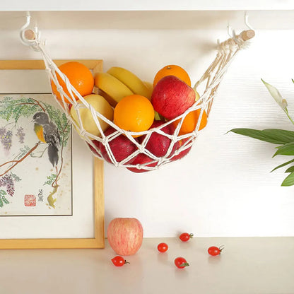 Hängende Obst-Hängematte – Platzsparende Küchenaufbewahrung, Boho Geflochtenes Design, Inklusive Haken (Gerade Enden / Abgerundete Enden)