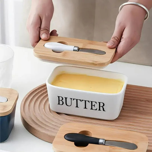 Keramische Boterdoos für Lebensmittelaufbewahrung, Schale mit Holzdeckel und Mini-Buttermesser, weiße und grüne Farben