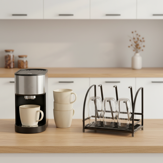 Becherhalter aus Metall mit Abtropfschale