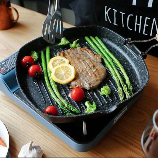 Grillpfanne mit Antihaftbeschichtung – Steakpfanne mit klappbarem Holzgriff – 28 x 24 cm – Geeignet für Fleisch, Fisch und Gemüse