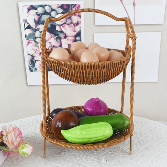 Zweistöckiger Obstkorb aus Imitat-Rattan – Küchenorganizer für Obst, Brot & Snacks