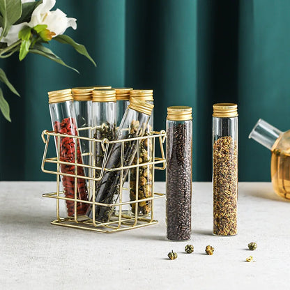 Aufbewahrungsbox mit 9 Glasflaschen und Aluminiumdeckeln – Tee- & Kaffee-Caddy mit Metallgestell