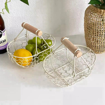 Metallkorb mit Holzgriff – Dekorative Servier- und Aufbewahrungskorb für Brot, Obst, Eier – Vielseitiger Organizer für Küche, Picknick und mehr
