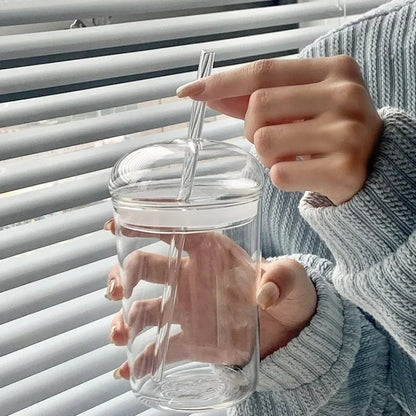 Glasbecher mit Deckel und Strohhalm – 450 ml, hitzebeständig, ideal für Saft, Wasser und Eiskaffee