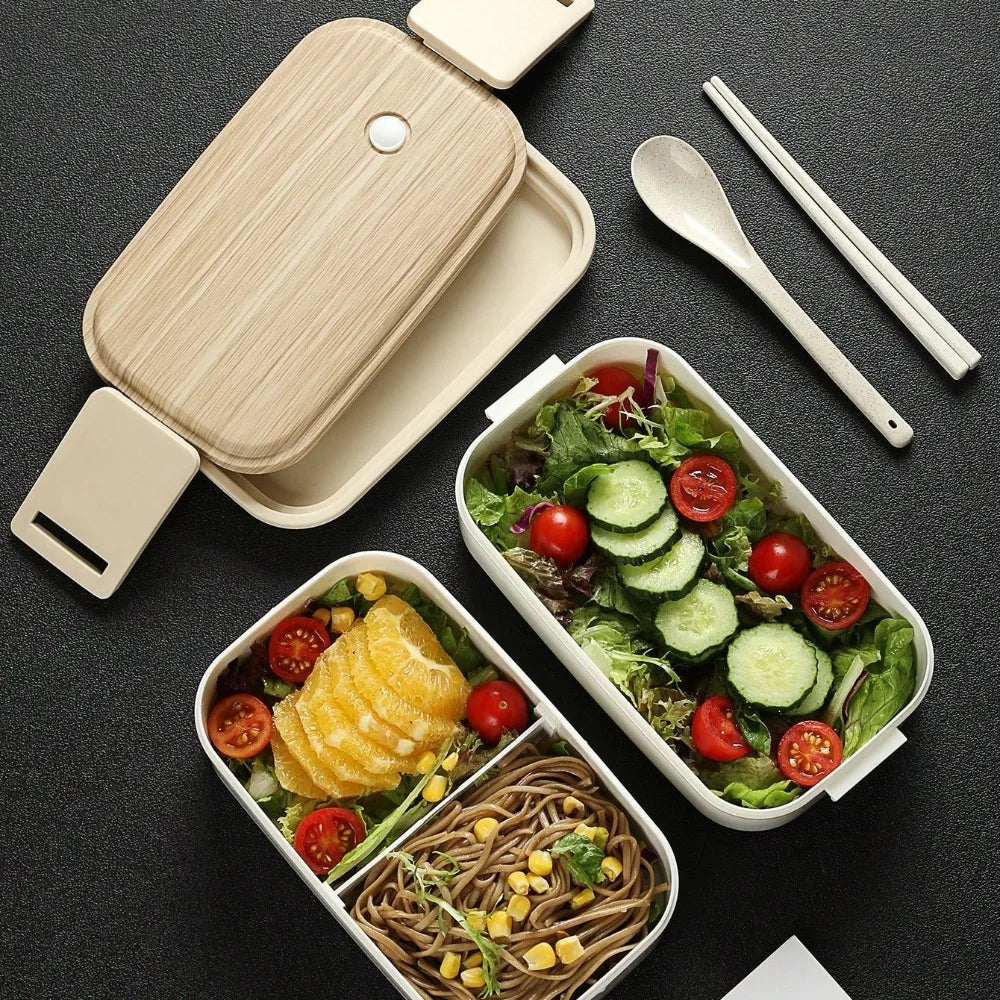 Doppellagige Lunchbox mit Holzoptik – Inklusive Essstäbchen und Löffel – Ideal für Büro, Schule, Picknick & Camping