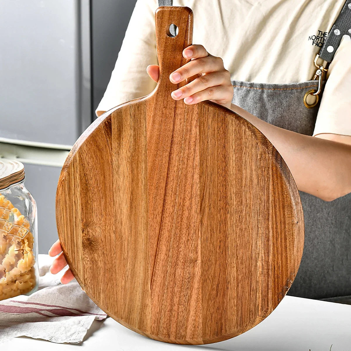 Acacia Holz Schneidebrett Rund mit Griff – 30,5 cm – Küchenbrett zum Schneiden von Obst, Gemüse und Brot