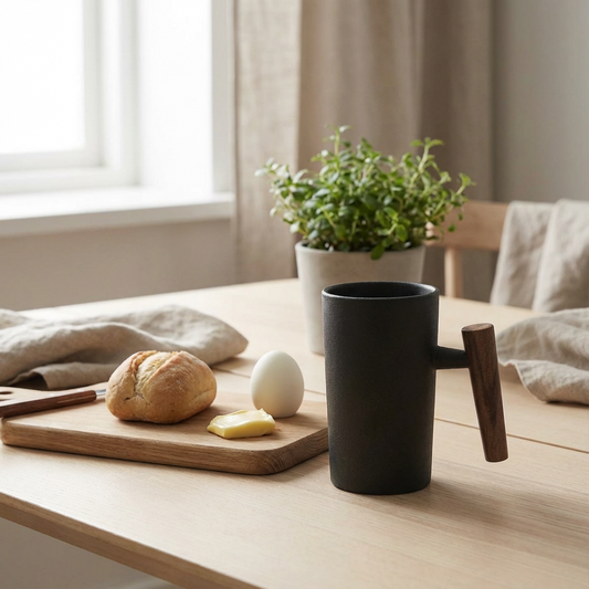 Kaffeebecher aus Steinzeug mit Holzgriff